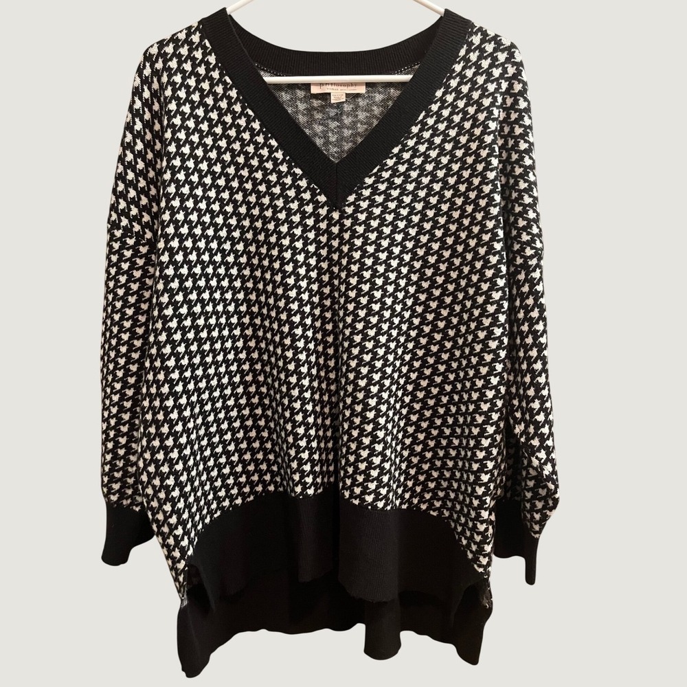 Philosophy V-Neck Sweater Women 2X Black White Houndstooth High-Low Oversized